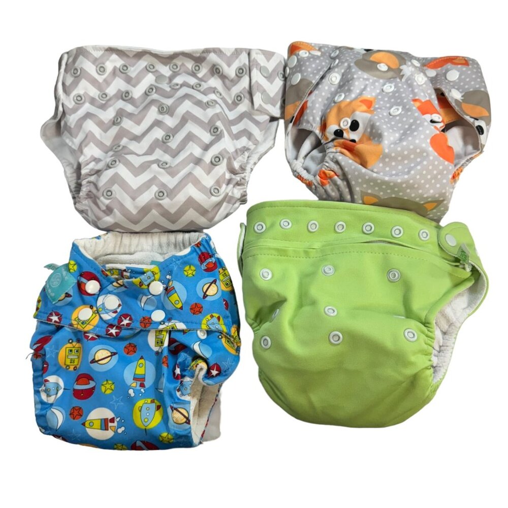 Lot Of 4 Cloth Diapers Baby Kangas Charlie Banana Alva Baby One Size Boy Girl